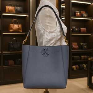 NEW Tory Burch McGraw Brunnera Blue Leather Convertible Bucket Shoulder Tote Bag